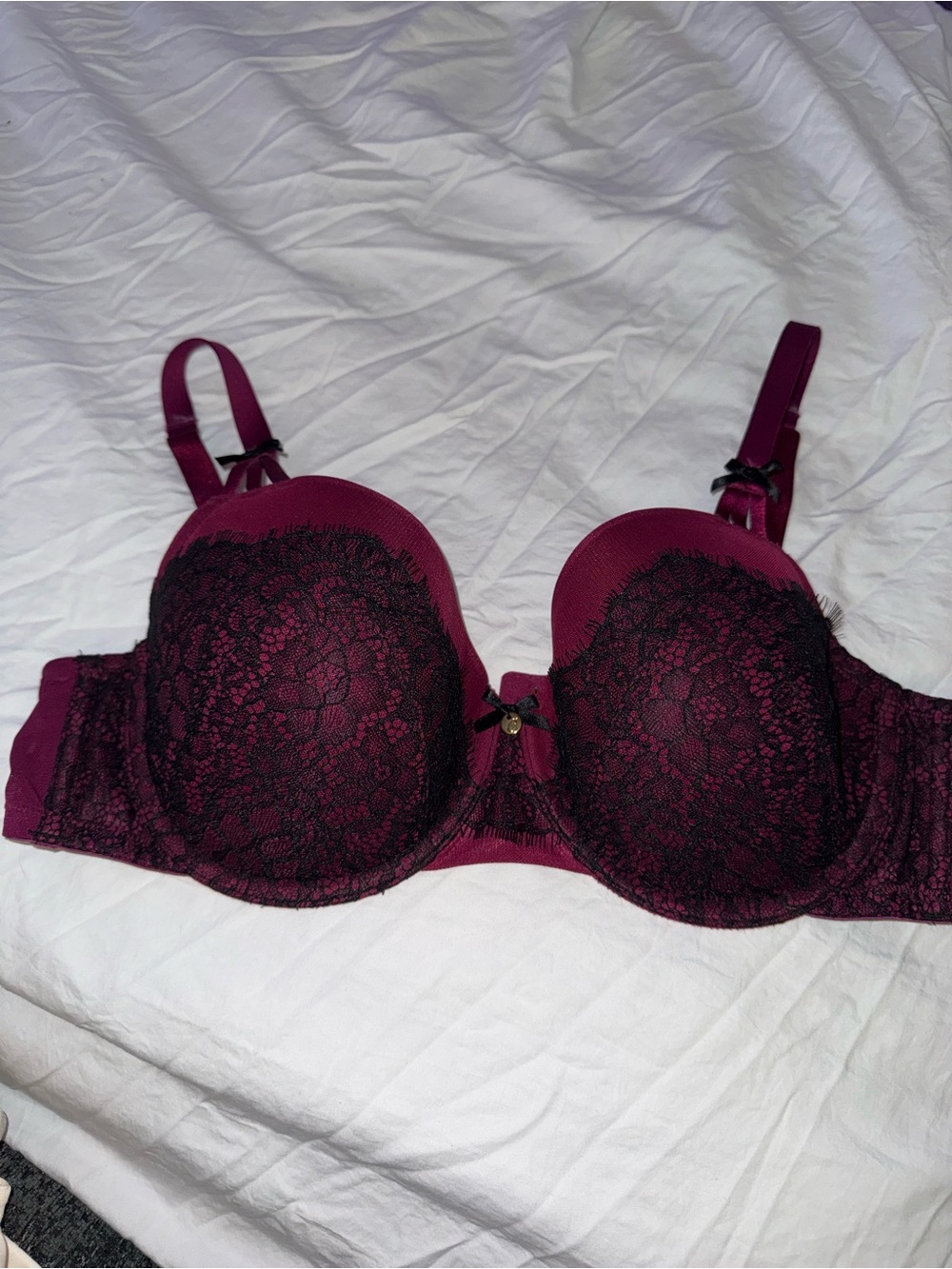 Cacique Burgundy Bra with Black Lace Overlay